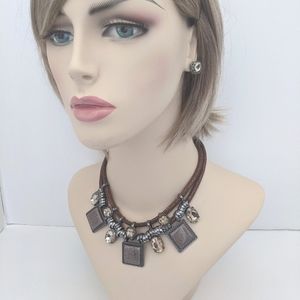 Brown Layered Necklace Cord Gun Metal